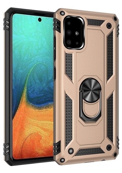 Samsung Galaxy S10 Lite Kılıf Çift Katmanlı Yüzüklü Manyetik Vega Kapak Gold + Tam Kaplayan 5D Cam Ekran Koruyucu