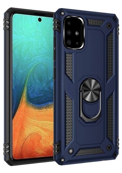 Samsung Galaxy S10 Lite Kılıf Çift Katmanlı Yüzüklü Manyetik Vega Kapak Lacivert + Tam Kaplayan 5D Cam Ekran Koruyucu
