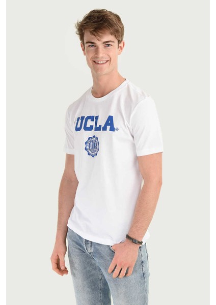 Gayley Beyaz Bisiklet Yaka Baskılı Standard Fit Erkek Tshirt