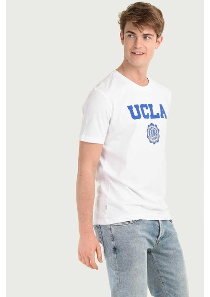 Gayley Beyaz Bisiklet Yaka Baskılı Standard Fit Erkek Tshirt modelleri