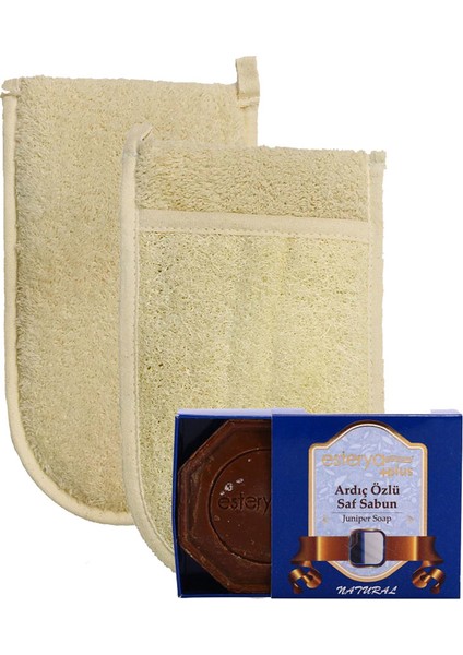 Ipek Naturel Kabak Lifi Kese Çift Taraflı El Geçmeli + Ardıç Katranı Sabunu Banyo Hamam Kesesi Spa Seti