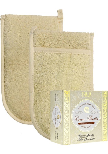 Ipek Naturel Kabak Lifi Kese Çift Taraflı El Geçmeli + Cocoa Butter (Kakao Yağı) Sabunu Banyo Hamam Kesesi Spa Seti