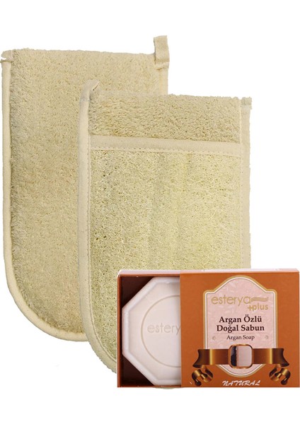 Ipek Naturel Kabak Lifi Kese Çift Taraflı El Geçmeli + Argan Sabunu Banyo Hamam Kesesi Spa Seti