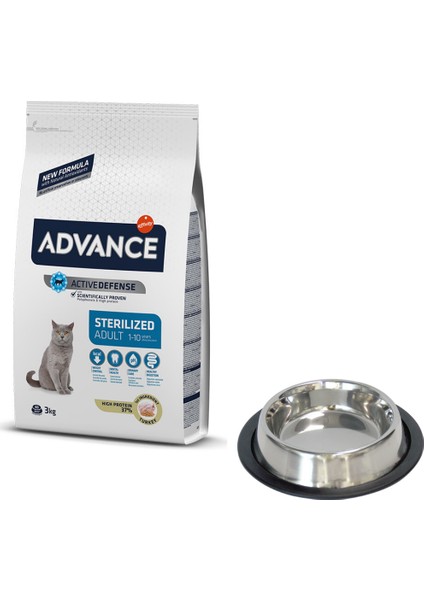 Sterilized Hindili Kısırlaştırılmış Kedi Maması 3 kg + Çelik Mama Kabı