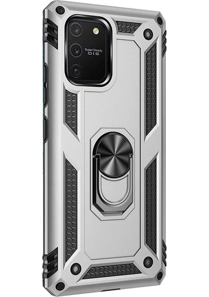 Samsung Galaxy S10 Lite Kılıf Tank Koruma Vega Standlı Yüzüklü Mıknatıslı Gümüş