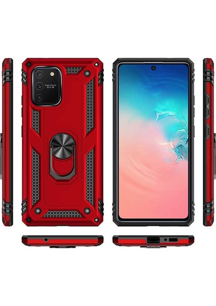 Samsung Galaxy S10 Lite Kılıf Tank Koruma Vega Standlı Yüzüklü Mıknatıslı Kırmızı