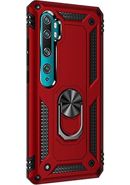 Xiaomi Mi Note 10 Pro Kılıf Tank Koruma Vega Standlı Yüzüklü Mıknatıslı Kırmızı