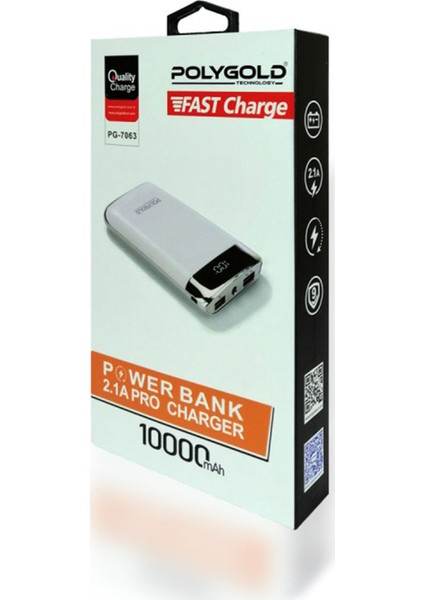 Powerbank 2.1 Amper Pro Fast Quality Charge Led Ekranlı 10.000mAh PG 7063