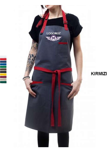 Nakışlı Boyundan Askılı Master Chef Barista Mutfak İş Önlüğü Garson Kuaför Tattoo Önlük Kırmızı