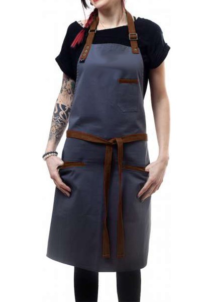 Nakışlı Boyundan Askılı Master Chef Barista Mutfak İş Önlüğü Garson Kuaför Tattoo Önlük Kahverengi