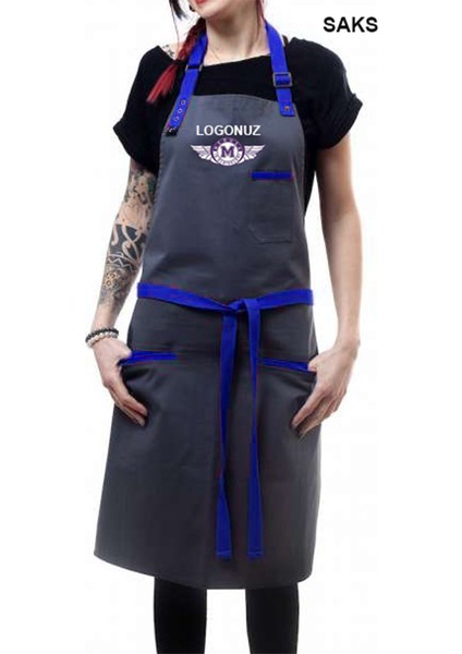 Nakışlı Boyundan Askılı Master Chef Barista Mutfak İş Önlüğü Garson Kuaför Tattoo Önlük Saks Mavi