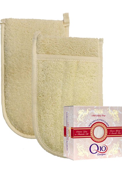 Ipek Naturel Kabak Lifi Kese Çift Taraflı El Geçmeli + Q10 Sabunu Banyo Hamam Kesesi Spa Seti