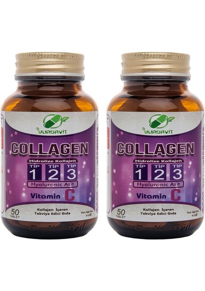 Hidrolize Collagen () Type (Tip) 1-2-3 Hyaluronic Acid Vitamin C 2 Adet 50 Tablet