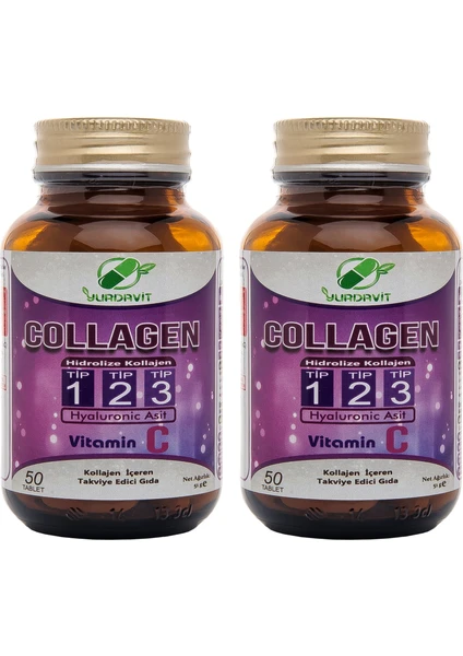 Hidrolize Collagen () Type (Tip) 1-2-3 Hyaluronic Acid Vitamin C 2 Adet 50 Tablet