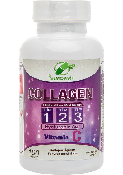 Hidrolize Collagen () Type (Tip) 1-2-3 Hyaluronic Acid Vitamin C 100 Tablet
