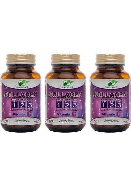 Hidrolize Collagen () Type (Tip) 1-2-3 Hyaluronic Acid Vitamin C 3 Adet 50 Tablet