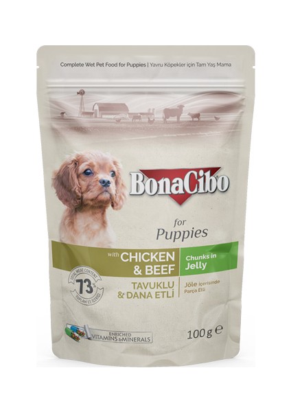 Bonacibo Jöleli Tavuklu-Dana Etli Pouch Yavru Köpek Yaş Maması 100 gr