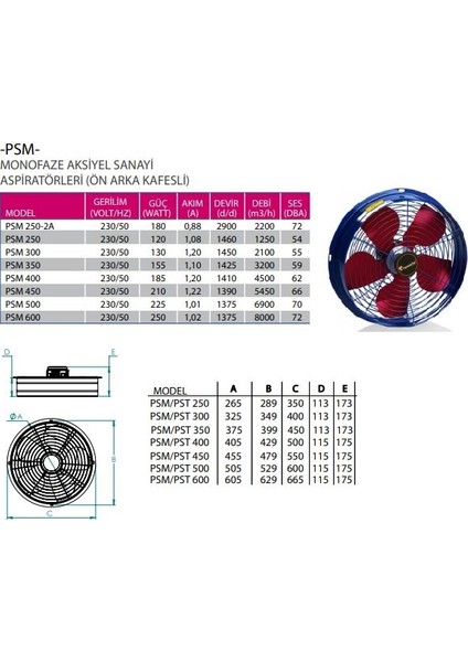 Psm 350 Monofaze Sanayi Tipi Aksiyel Aspiratör fiyatları