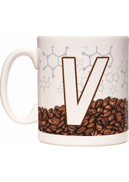 V Harfli Kahve Kafein Tasarımlı Baş Harf Kupa Bardak