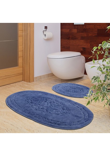 Damaks Oval Cotton Eskitme 2'li Paspas Seti Klozet Takımı Mavi