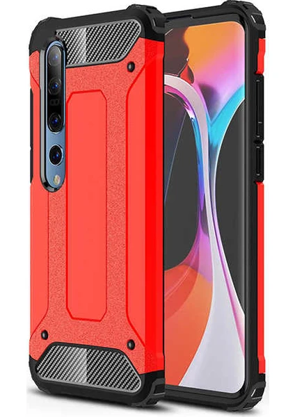 Case 4U Xiaomi Mi 10 Kılıf Military Armor Çift Katmanlı Crash Silikon Kılıf Kırmızı