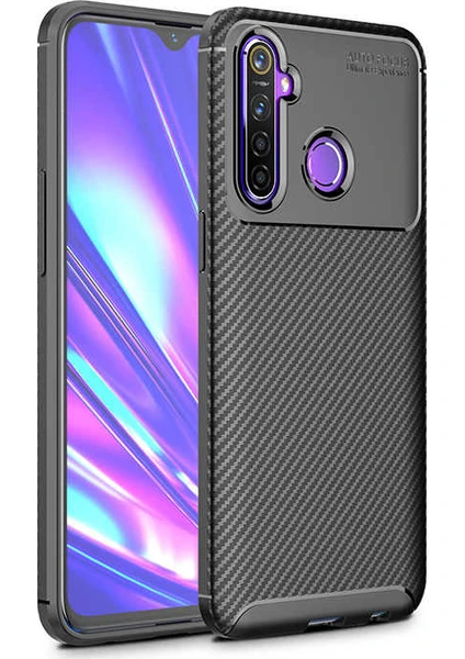 Case 4U Realme 6i/5i Kılıf Rugged Armor Karbon Desenli Lüx Negro Silikon Arka Kapak + Cam Ekran Koruyucu Siyah