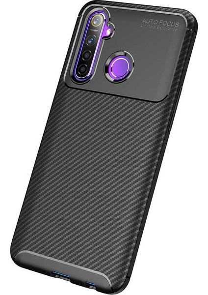 Case 4U Realme 6i/5i Kılıf Rugged Armor Karbon Desenli Lüx Negro Silikon Arka Kapak + Cam Ekran Koruyucu Siyah