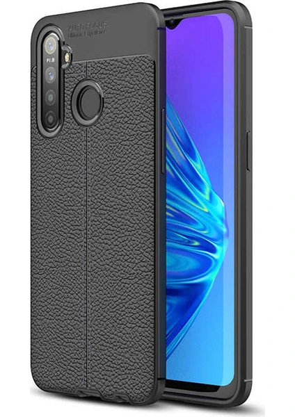 Case 4U Realme 5i Kılıf Rugan Armor Deri Görünümlü Yüksek Kalite Silikon Niss + Cam Ekran Koruyucu Siyah