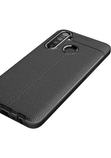 Case 4U Realme 5i Kılıf Rugan Armor Deri Görünümlü Yüksek Kalite Silikon Niss + Cam Ekran Koruyucu Kırmızı