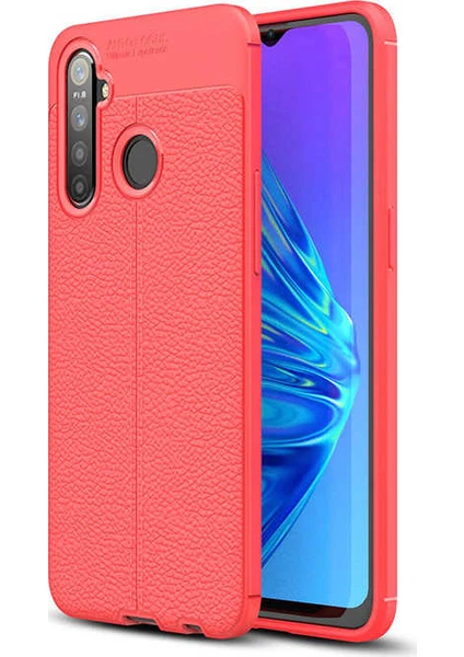 Case 4U Realme 5i Kılıf Rugan Armor Deri Görünümlü Yüksek Kalite Silikon Niss + Cam Ekran Koruyucu Kırmızı