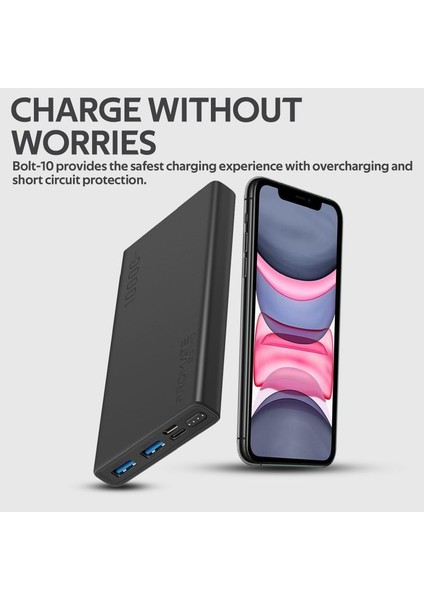 Bolt-10 PowerBank 10000mAh 2 USB USB ve Type-C Girişli Hızlı