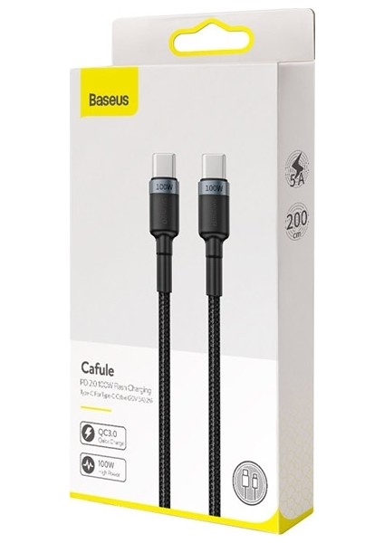 Cafule PD2.0 100W USB-C - Type-C Data ve Şarj Kablosu 20V 5A 2 mt CATKLF-ALG1 - Siyah - Gri
