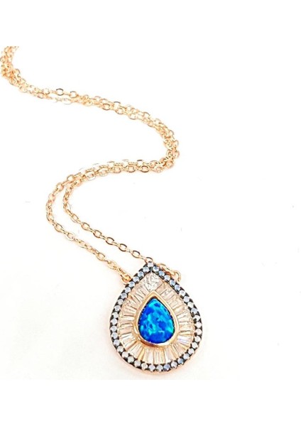 Opal Taşlı Italyan Tasarımı Lüks Gümüş Rose Kolye