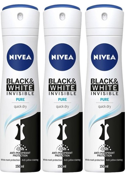 Kadın Sprey Deodorant Invisible Black & White Pure 150 ml x3 Adet, 48 Saat Anti-perspirant Koruma