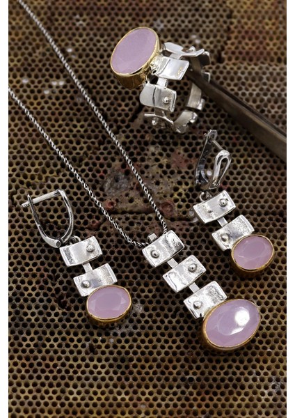 Pembe Kuvars Taşlı Otantik Gümüş Set