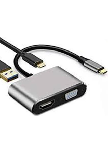 Type- C To Hub Pd HDMI+VGA+USB Dönüştürücü Adapter 4 In 1