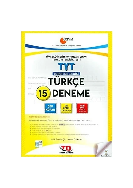 Tandem Yayınları Ösym Tadında TYT Türkçe 15 Deneme Maraton Serisi