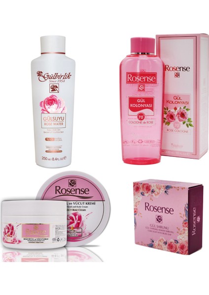 El ve Vücut 4'lü Bakım Seti (Gülsuyu 250ML+GÜL Kolonyası 300ML+GÜL Kremi 250ML+GÜL Sabunu 100GR)