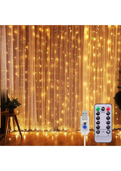 Peri Telli Perde LED 2x2 Metre, Uzaktan Kumandalı, Usb'li, 8 Animasyonlu 12 Saçaklı 240 Ledli