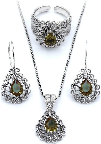 Zultanit Taşlı Damla Modeli Telkari Gümüş Set