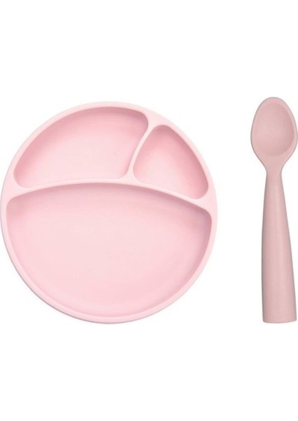 Vakum Tabanlı Silikon Tabak + Kaşık Set - Pembe