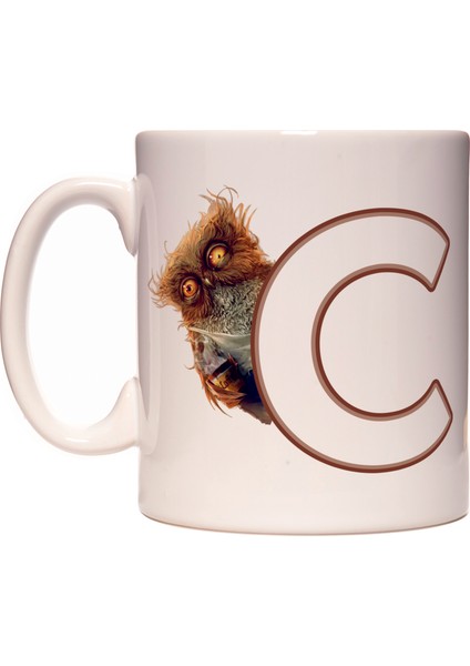 C Harfi Uykusuz Baykuş Baş Harf Tasarımlı Kahve Kupa Bardak