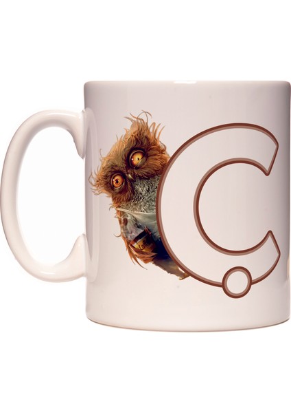 Ç Harfi Uykusuz Baykuş Baş Harf Tasarımlı Kahve Kupa Bardak