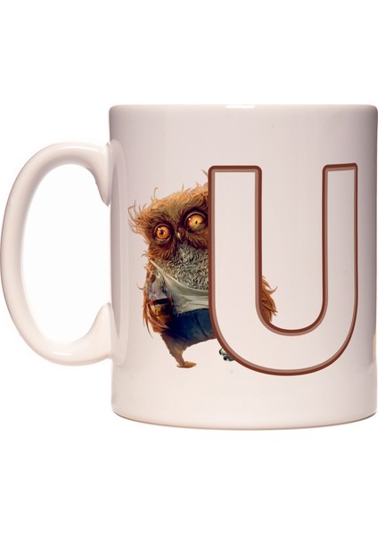 U Harfi Uykusuz Baykuş Baş Harf Tasarımlı Kahve Kupa Bardak