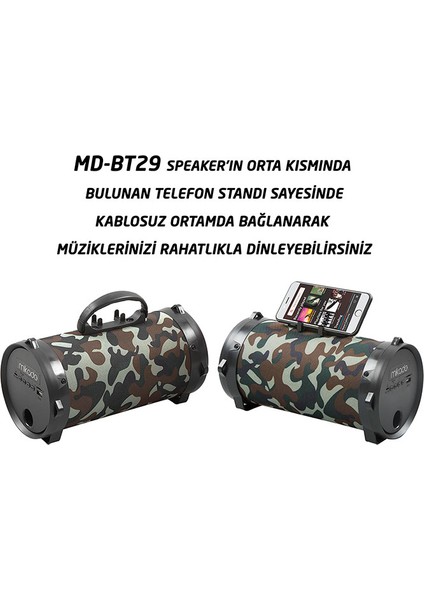 MD-BT29 Kamuflaj Desenli Bluetooth USB + SD + FM Destekli 5W Speaker