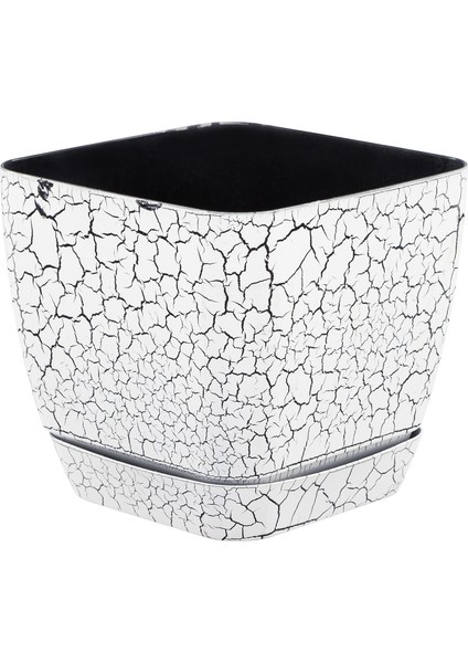 Kare Mermer Görünümlü Saksı Beyaz Tabaklı 14 cm