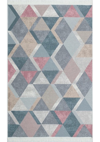 Arya Ar 10 Blue Mavi Pembe Yıkanabilir Pamuk Etnik Kilim 80 x 150 cm