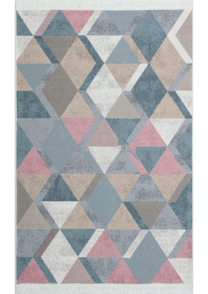 Arya Ar 10 Blue Mavi Pembe Yıkanabilir Pamuk Etnik Kilim 80 x 150 cm