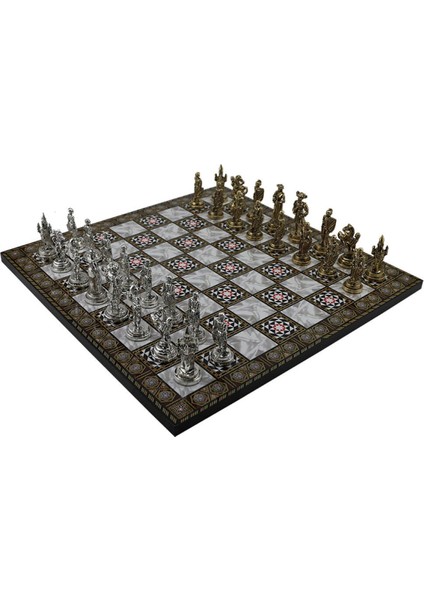 Orta Boy Metal İspanyol Askerleri Satranç Takımı Parlak ve Sedef Desenli Mdf Ahşap Tahtası 37 x 37 cm