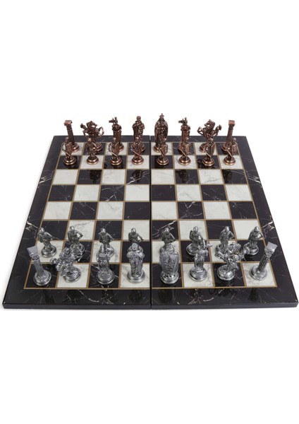 5 No. İngiliz Antik Bakır Satranç Taşları ve Katlanır Mermer Desenli Mdf Ahşap Satranç Tahtası 43 x 43 cm